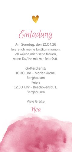 Einladung zur Kommunion Foto, Herzen und Wasserfarbe Rückseite