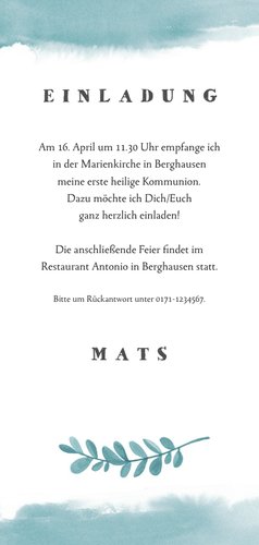Einladung zur Kommunion Palmwedel, Foto & Wasserfarbe Rückseite