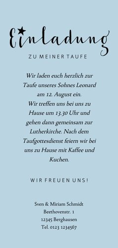 Einladung zur Taufe blau-weiß mit Punkten und Sternen Rückseite