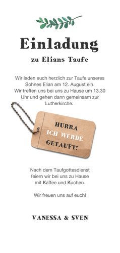 Einladung zur Taufe Holzlook mit Foto und Anhänger Rückseite