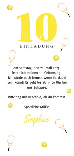 Einladungskarte 10. Kindergeburtstag Tennis mit Foto Rückseite