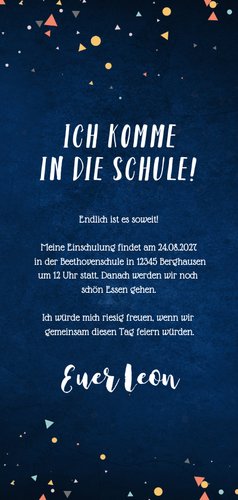 Einladungskarte Einschulung mit Foto und Konfetti Rückseite