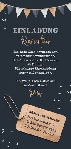 Einladungskarte Hochformat Rente Label Foto Rückseite