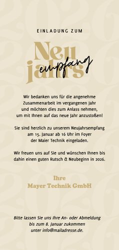 Einladungskarte Neujahrsempfang Sektflasche & Gläser Rückseite