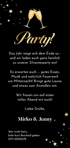 Einladungskarte Silvesterparty VIP-Ticket gold Rückseite
