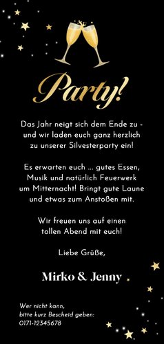 Einladungskarte Silvesterparty VIP-Ticket gold Rückseite