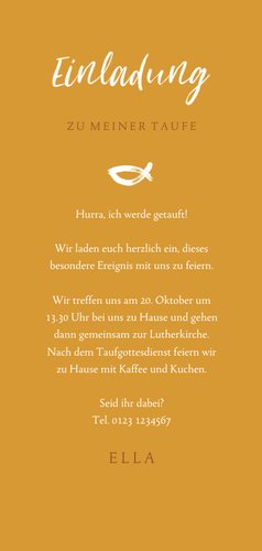 Einladungskarte Taufe großes Foto Ichthys ocker Rückseite