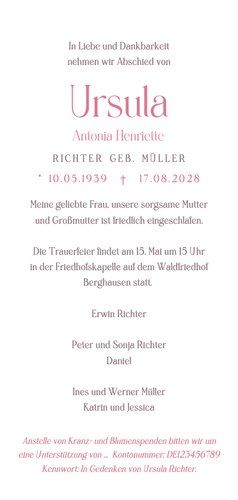 Einladungskarte Trauerfeier rosa Blumen Rückseite