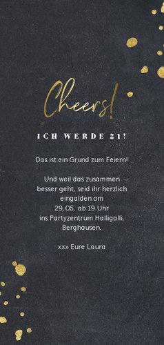 Einladungskarte zum 21. Geburtstag schwarz mit Foto Rückseite