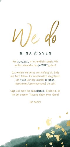 Einladungskarte zur Hochzeit grün-gold mit Timeline 3