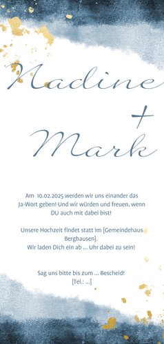 Einladungskarte zur Hochzeit im blauen Aquarelldesign Rückseite