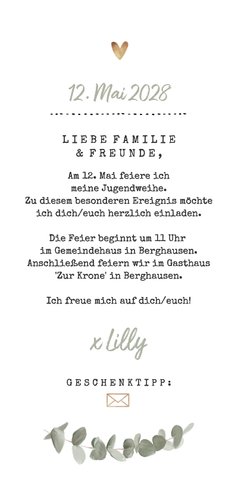 Einladungskarte zur Jugendweihe Eukalyptus & Spitze Rückseite