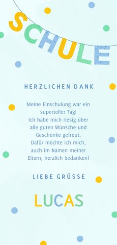 Einschulung Dankeskarte blau Foto & Konfetti Rückseite