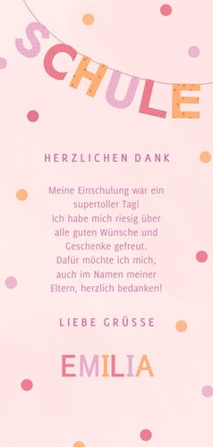 Einschulung Dankeskarte rosa Foto & Konfetti Rückseite