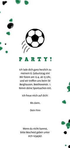 Fußball-Einladung mit Foto und Farbspritzern Rückseite