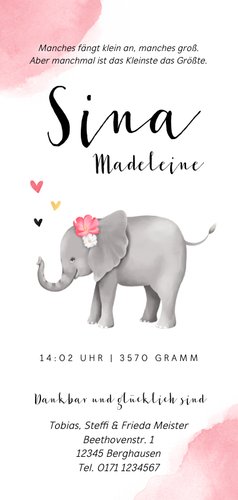 Geburtskarte Elefant mit Blumen Rückseite