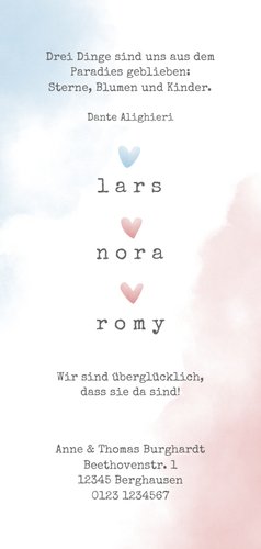 Geburtskarte für einen Drilling rosa-blaue Herzen Rückseite