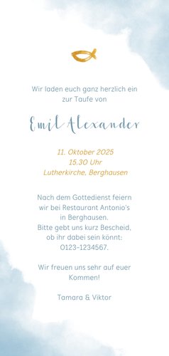 Hippe Einladung zur Taufe Foto & blaue Wasserfarbe Rückseite
