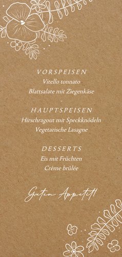 Hochzeit Menükarte weiße Blumen Kraftlook-Papier Rückseite