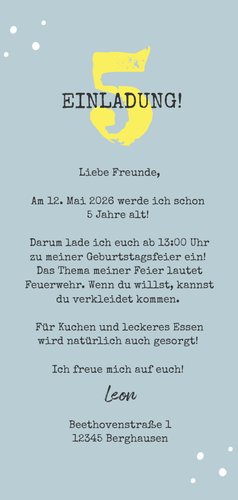 Kindergeburtstag Einladungskarte Feuerwehrmann 5 Jahre Rückseite