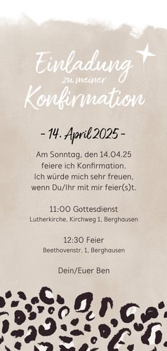 Konfirmationseinladung Foto Tierprint beige Rückseite