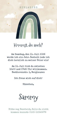 Längliche Einladung Kindergeburtstag mit Foto & Regenbogen Rückseite