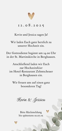 Längliche Einladungskarte Hochzeit Eukalyptusblatt Rückseite