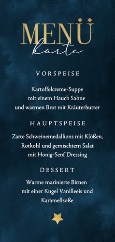 Menükarte blau Aquarell goldene Sterne Weihnachten Rückseite