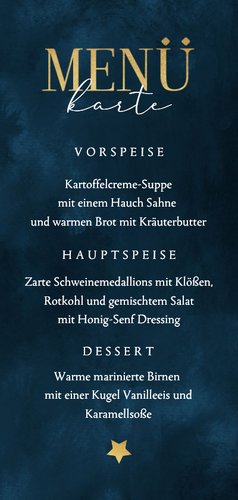 Menükarte blau Aquarell goldene Sterne Weihnachten Rückseite