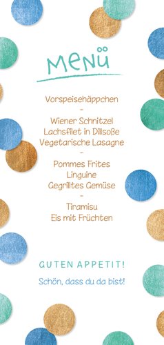 Menükarte Einschulung Foto & Konfetti blau Rückseite