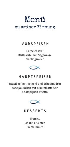 Menükarte Firmung blauer Fisch Rückseite