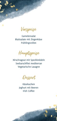 Menükarte Geburtstag dunkelblau Aquarell Goldsprenkel Rückseite
