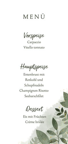 Menükarte Hochzeit botanisch mit Wasserfarben und Blättern Rückseite