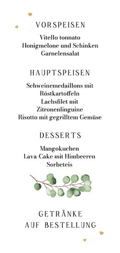 Menükarte Hochzeit 'Food & Drinks' Eukalyptus Aquarell Rückseite