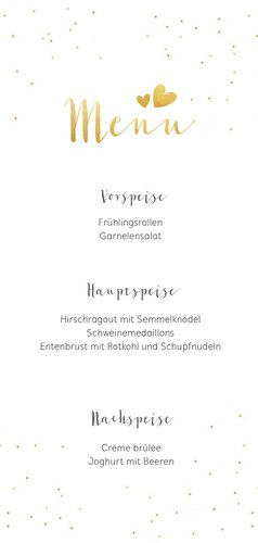 Menükarte Hochzeit mit Foto, goldener Schrift und Konfetti 3