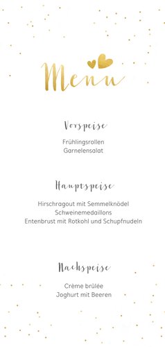 Menükarte Hochzeit mit Foto, goldener Schrift und Konfetti 3