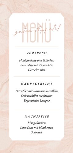 Menükarte Hochzeit Ticket Marmor-Optik Rückseite
