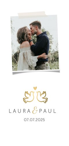 Menükarte Hochzeitsdinner mit Foto, goldenen Tauben und Herz 2
