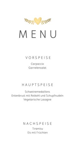 Menükarte Hochzeitsdinner mit Foto, goldenen Tauben und Herz 3
