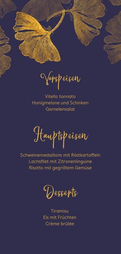 Menükarte Kommunion Stempel blau Ginkgoblätter Rückseite