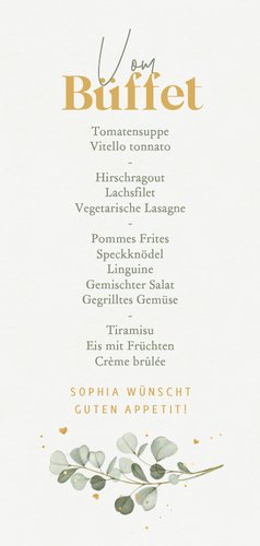 Menükarte Kommunionsfeier Eukalyptus & Golddruck Rückseite