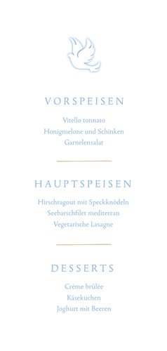 Menükarte Taufe eigenes Foto blaue Taube Rückseite