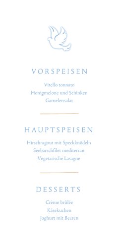 Menükarte Taufe eigenes Foto blaue Taube Rückseite