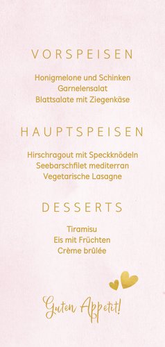 Menükarte Taufe rosa Foto & Goldherzen Rückseite