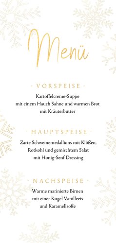 Menükarte zum Weihnachtsessen Schneeflocken Rückseite