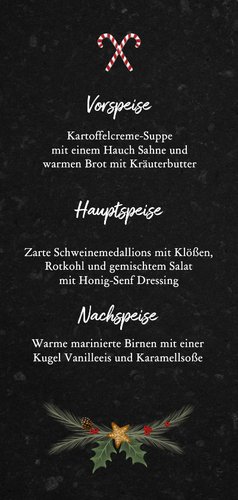 Menükarte zum Weihnachtsessen Weihnachtskranz klassisch Rückseite