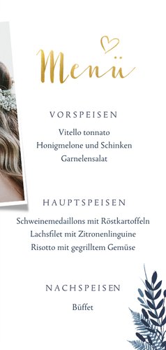 Menükarte zur Hochzeit dunkelblau Pflanzen & Foto 3