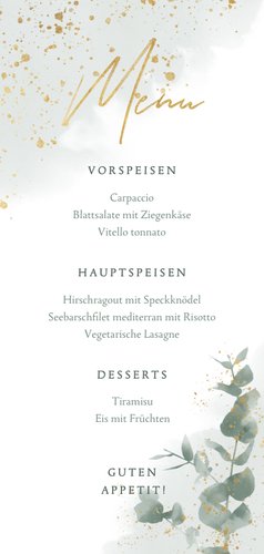 Menükarte zur Hochzeit Eukalyptus & Gold Rückseite