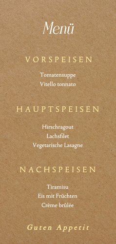 Menükarte zur Jugendweihe auf Kraftpapier mit Vögeln Rückseite