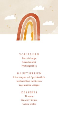 Menükarte zur Taufe Foto & Regenbogen orange Rückseite
